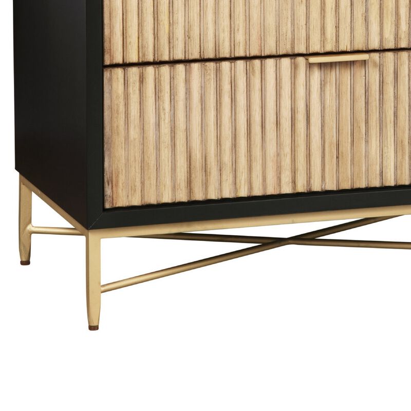 Accent Chest with 3 Corrugated Drawers and Metal Base, Black-Benzara