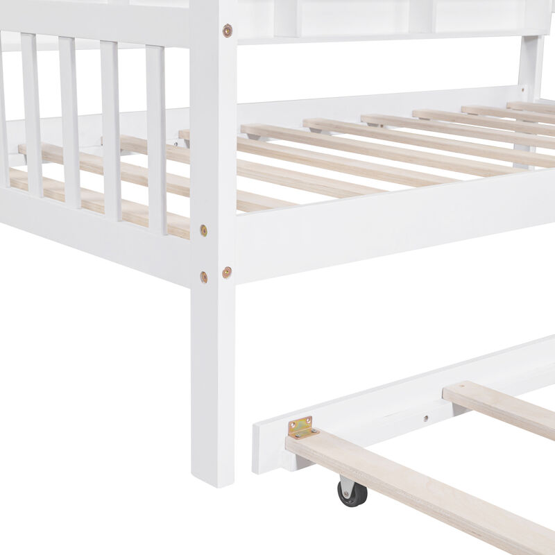 Wooden Twin Size House Bed With Trundle, Kids Bed With Shelf, White