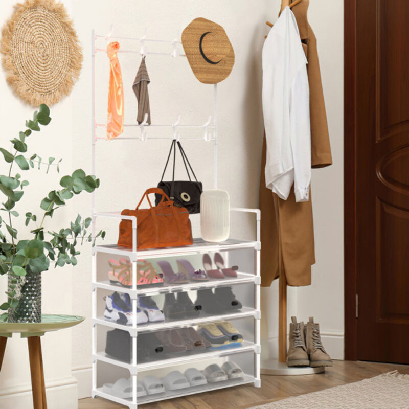 Freestanding Entryway Organizer, 5-Tier Hall Tree with Coat Rack, Shoe Shelf & Hooks