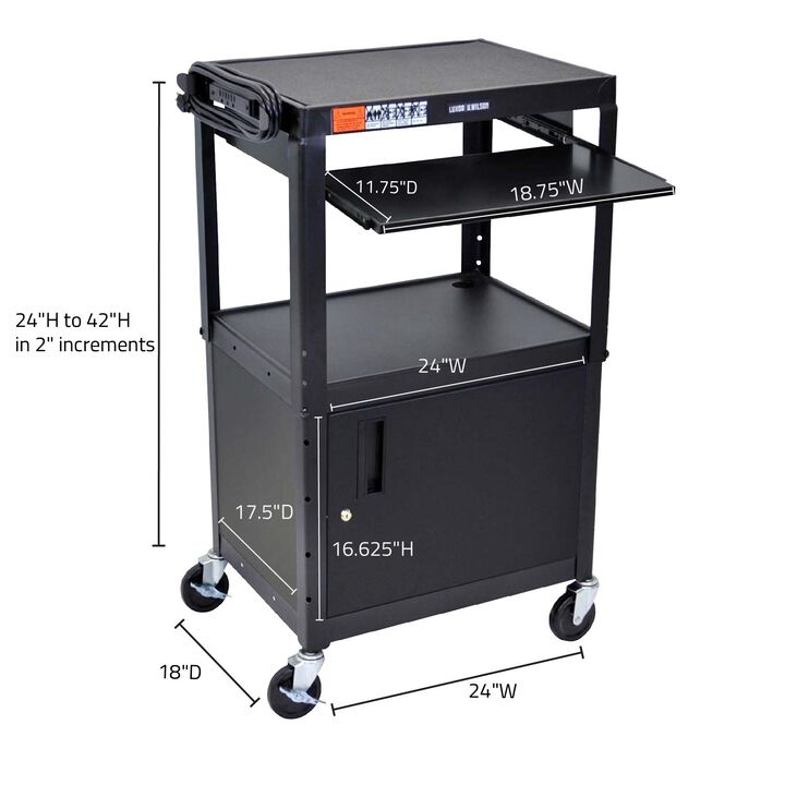 Luxor Adjustable Height Black Metal A/V Cart w/ Pullout Keyboard Tray and Cabinet