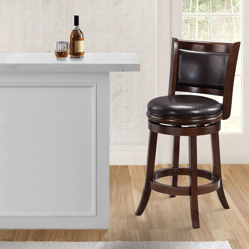 Pal 24 Inch Swivel Counter Stool, Solid Wood, Faux Leather, Cappuccino Brown - Benzara