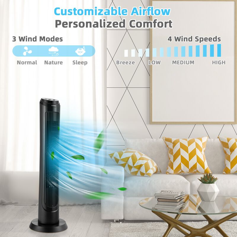 40 Inch Tower Fan with Remote 75˚ Oscillating Fan with 3 Wind Modes and 4 Wind Speeds-Black