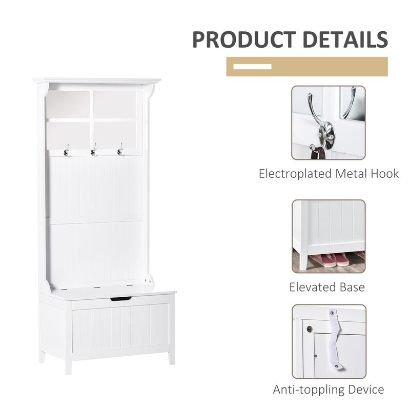 White Entryway Solution: 4-in-1 Coat Rack Shoe Bench with Mirror