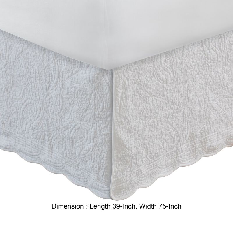 Muka Paisley Quilted Twin Bed Skirt, Cotton Drop, Polyester Platform, Ivory - Benzara