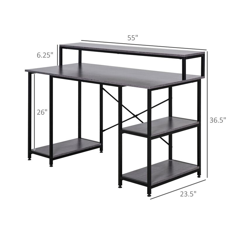 Grey Wood Grain Workspace: 55" Home Office Desk with Shelves