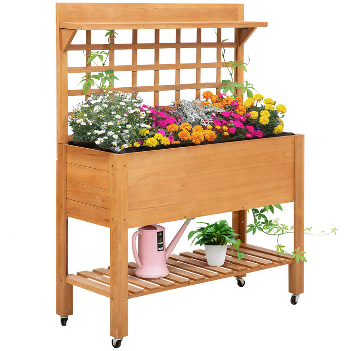 Outdoor Wooden Elevated Growing Plant Bed w/ Shelves for Tool Storage & Wheels