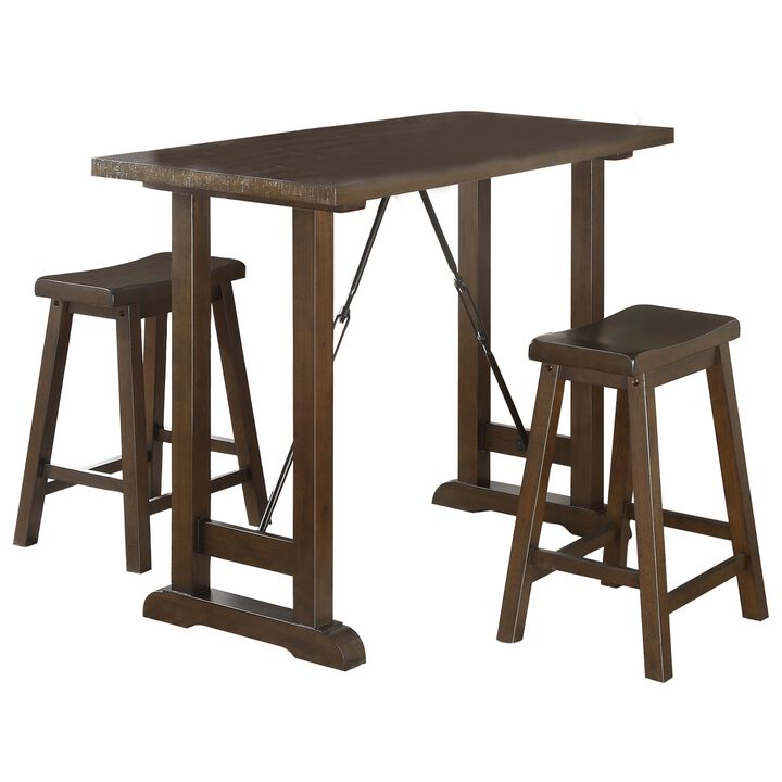 Neil 3 Piece Counter Height Set, 1 Table, 2 Stools, Cherry Brown Solid Wood - Benzara