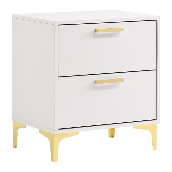 Lif 25 Inch Modern 2 Drawer Nightstand, Gold Metal Accents, Pure White-Benzara