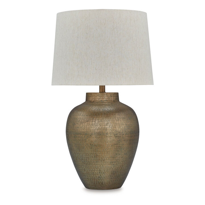 Table Lamp, Metal Hammered Pot Base, White Fabric Drum Shade 29 Inch - Benzara