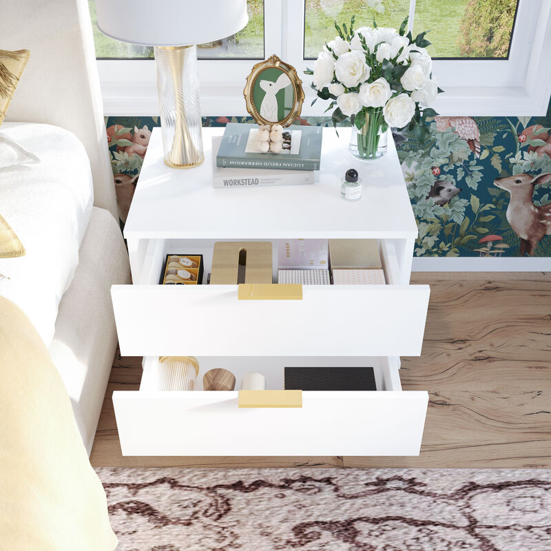 2-Drawer White Wooden Nightstand Bedside Table with 4-Gold Metal Legs 15.7 in. D x 19.7 in. W x 17.9 in. H