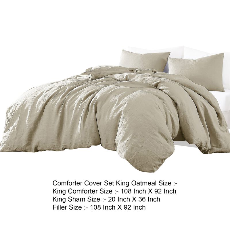 Edge 4 Piece King Size Duvet Comforter Set, Washed Linen, Oatmeal Beige - Benzara