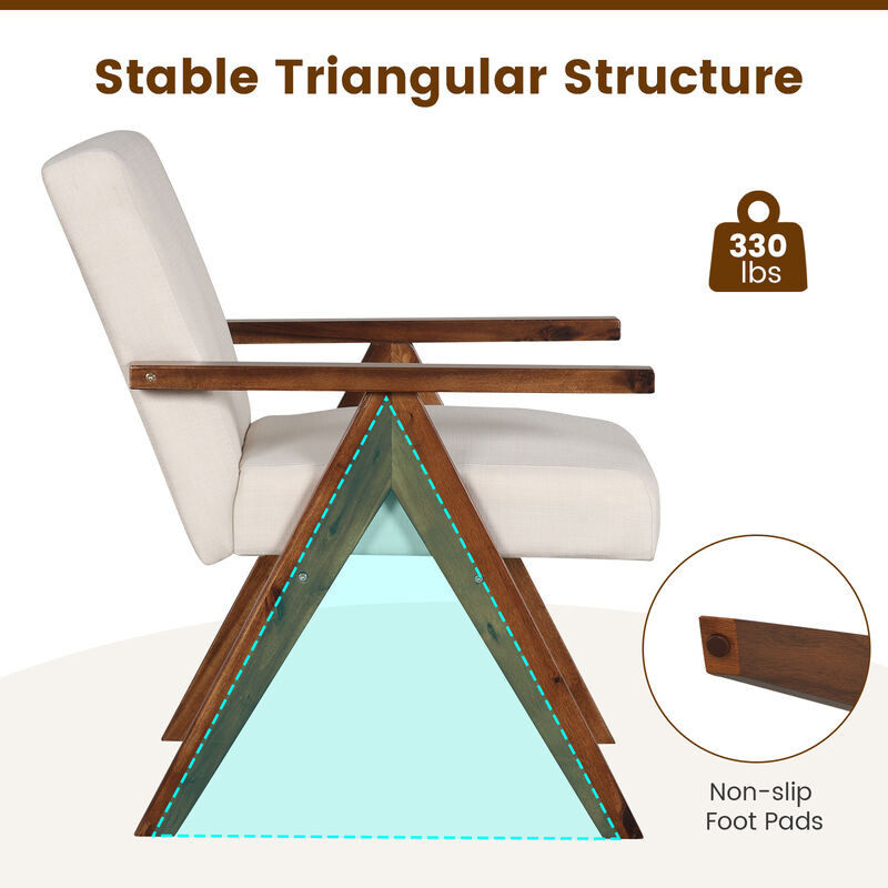 Modern Accent Chair Linen Fabric Armchair with Solid Acacia Wood Frame