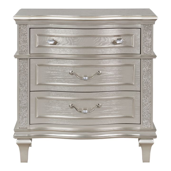 Inz 32 Inch 3 Drawer Nightstand, Elegant Trim Details, Silver Finish -Benzara