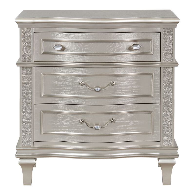 Inz 32 Inch 3 Drawer Nightstand, Elegant Trim Details, Silver Finish -Benzara