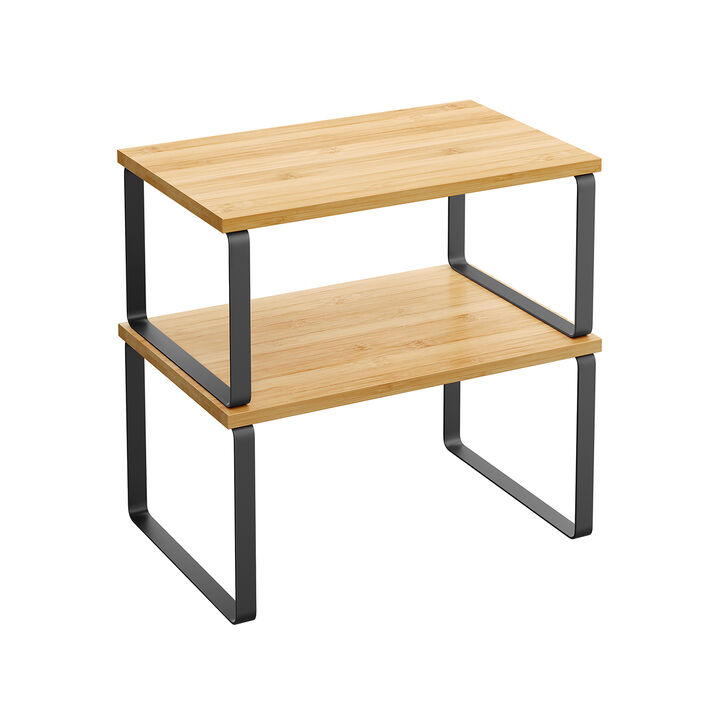 Expandable and Stackable Cabinet Shelf Organizer – Metal and Bamboo Kitchen Counter Shelves, Set of 2