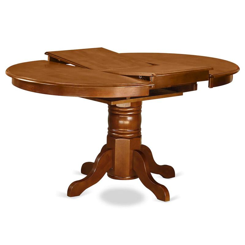 East West Furniture AVPL7-SBR-C 7 PcAvon Dining Table featuring Leaf and 6 Fabric Seat Chairs in Saddle Brown .