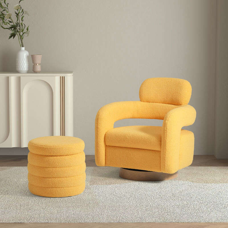 WestinTrends Mid-Century Modern Sherpa Swivel Barrel Accent Chair With Storage Ottoman