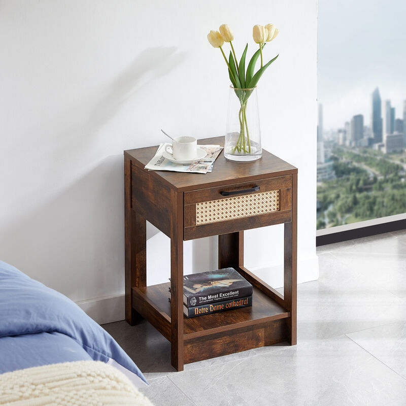 Rattan End Table with Drawer, Modern Nightstand, Side Table for Living Room, Bedroom, Rustic Brown