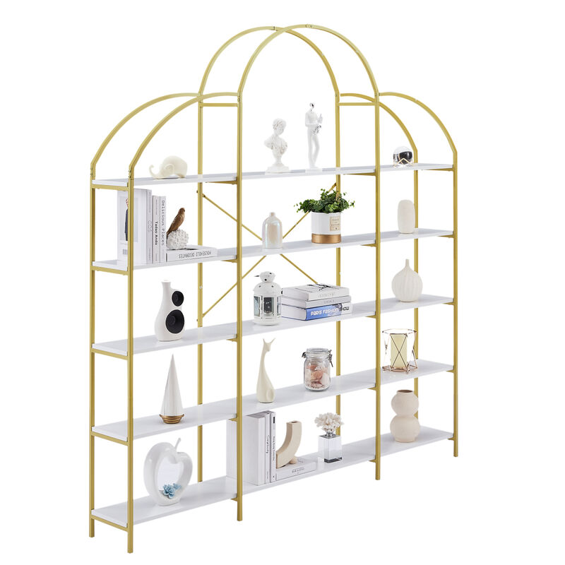 74.8 Inch 5 Tiers Office Bookcase Bookshelf, Display Shelf With Round Top, X Bar Frame