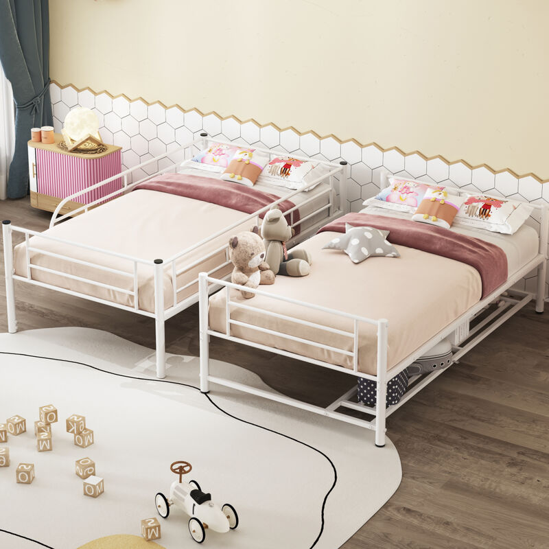 Twin Over Twin Metal Bunk Bed With Shelf And Guardrails, White