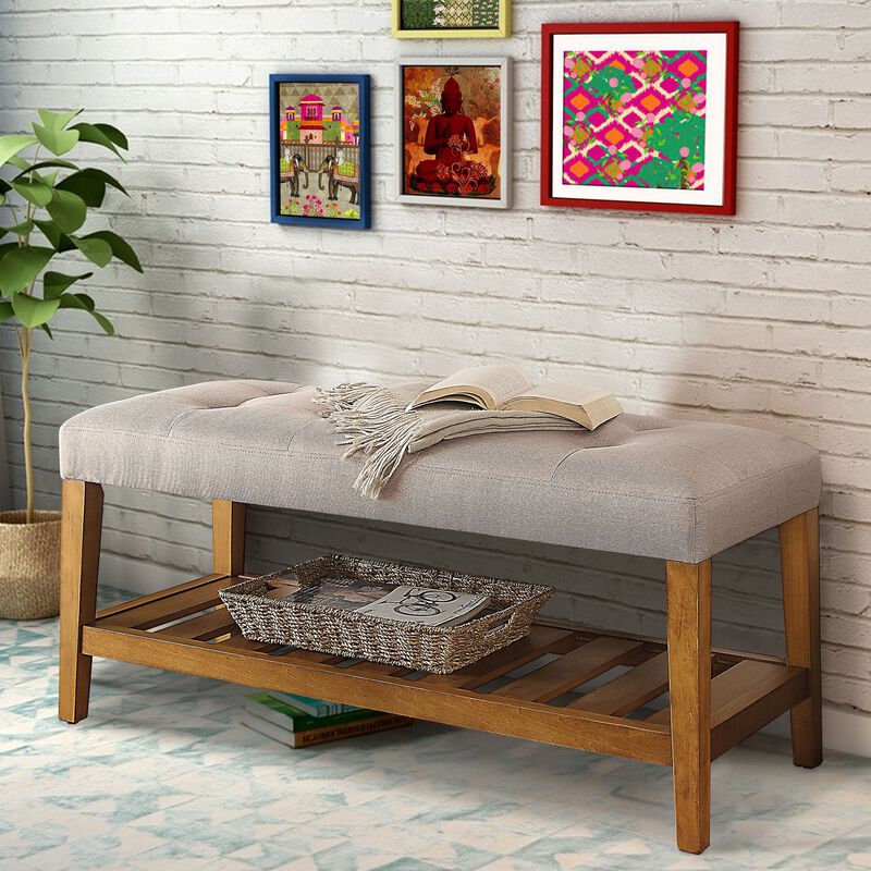 Wooden Bench, Light Gray & Oak-Benzara