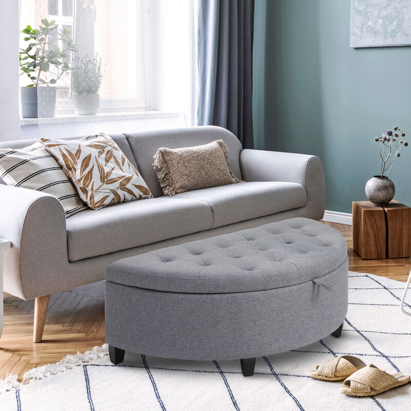 Foldable Tufted Linen Storage Seat Semicircle Footrest Box w/ Legs Lift Top