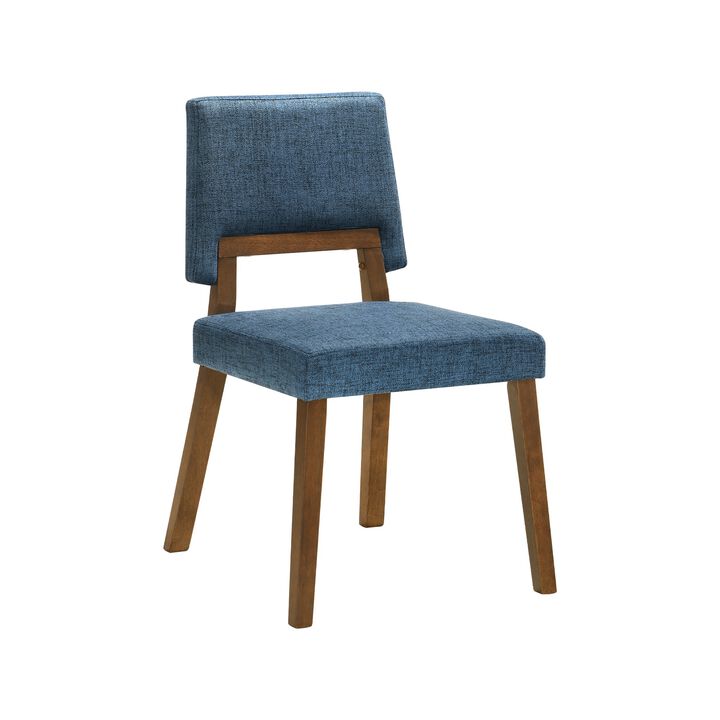 Yumi 23 Inch Dining Chair, Set of 2, Blue Fabric Seat, Walnut Brown - Benzara