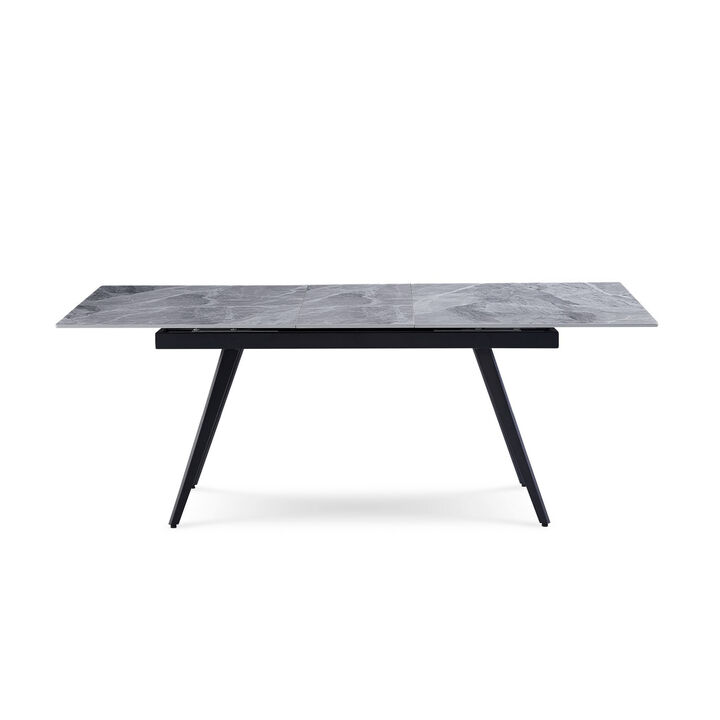79 Inch Extendable Modern Dining Table, Textured Stone Surface, Warm Gray - Benzara