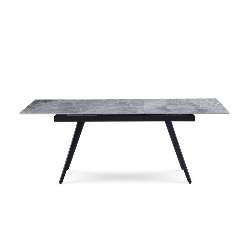 79 Inch Extendable Modern Dining Table, Textured Stone Surface, Warm Gray - Benzara