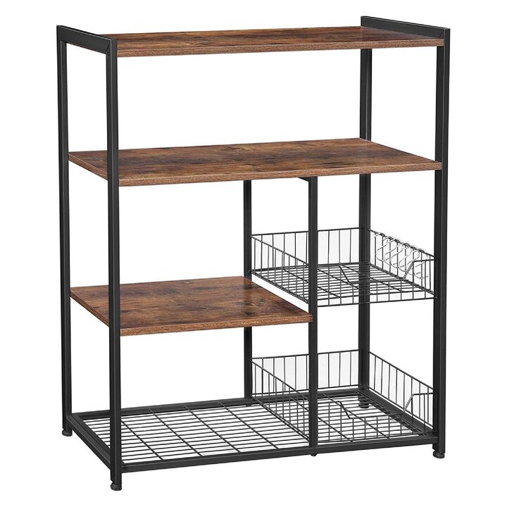 2 Mesh Basket and 6 Hooks Wood and Metal Frame Bakers Rack, Brown and Black - Benzara