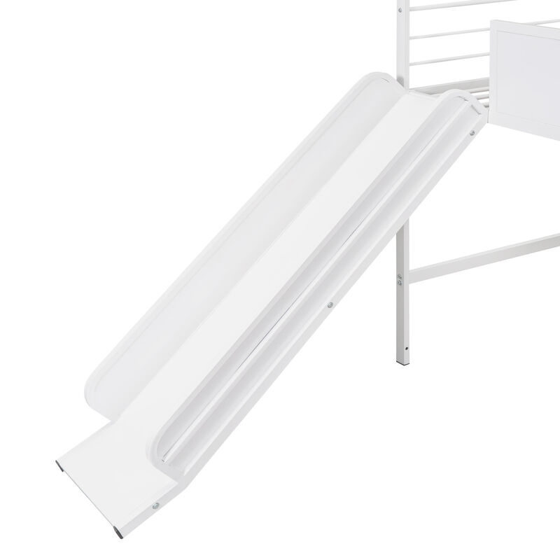 Metal House Bed With Slide, Twin Size Metal Loft Bed With Two-Sided Writable Wooden Board