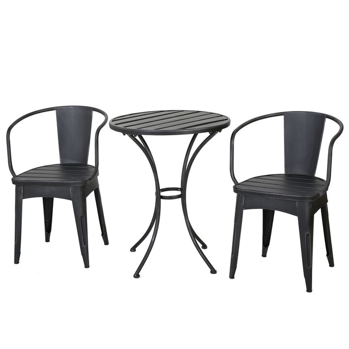 Rune Outdoor Bistro Set, 2 Chairs, Round Slatted Table, Black Iron - Benzara