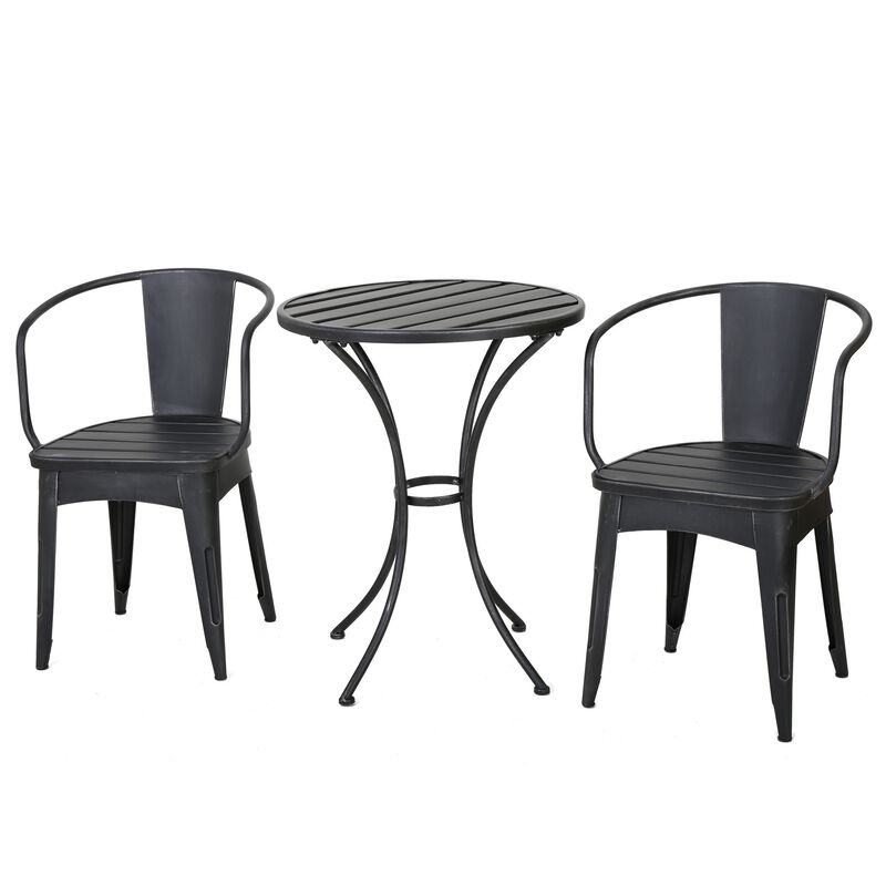 Rune Outdoor Bistro Set, 2 Chairs, Round Slatted Table, Black Iron - Benzara