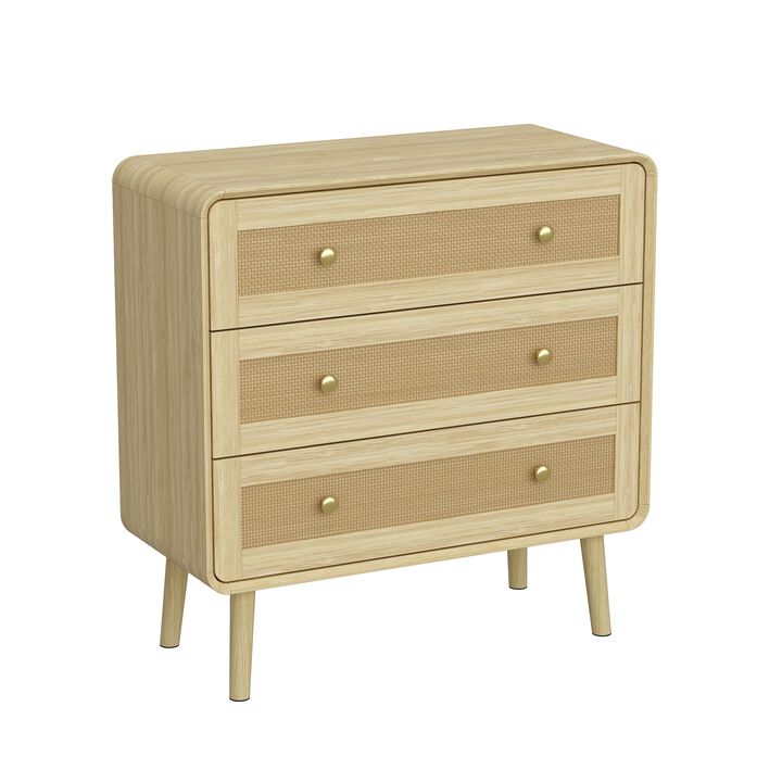 FUFU&GAGA 3-Drawer Nightstand, Modern Bedside Table with Rattan Fronts, Wooden Legs & Gold Handles, Spacious Storage for Bedroom (31.5" W x 32" H x 13.8" D), Natural Wood