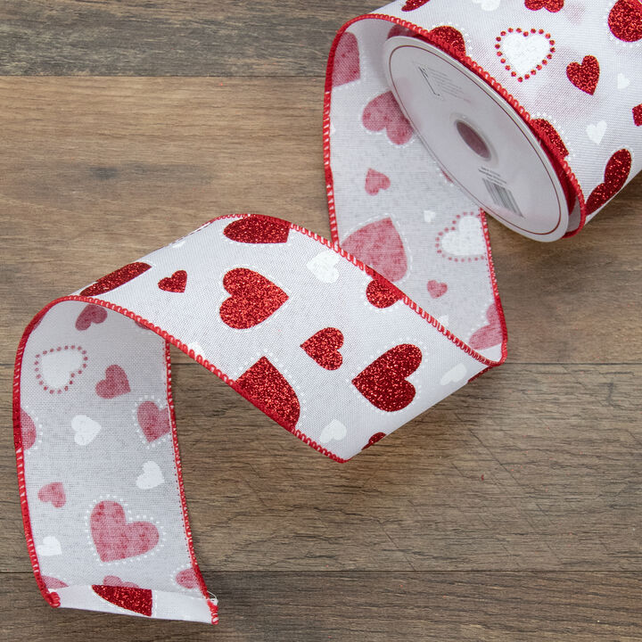 White and Red Glitter Hearts Valentine's Day Wired Craft Ribbon 2.5" x 10 Yards