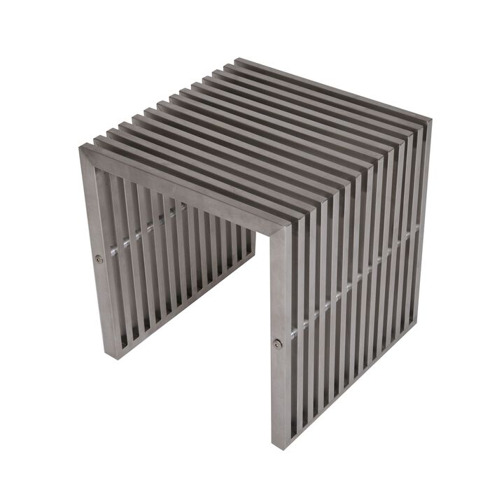 Meza 17 Inch Accent Stool, Waterfall Silver Slatted Panel Frame - Benzara