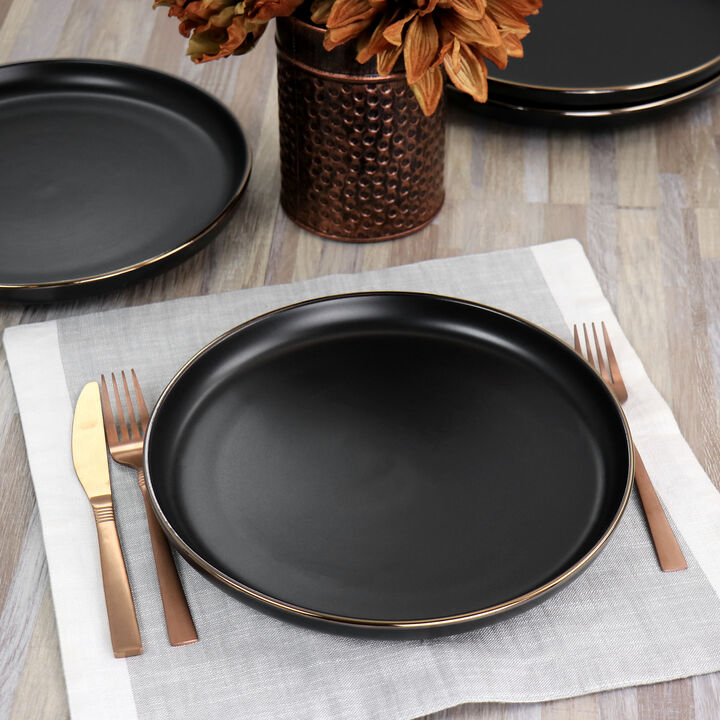 Elama Paul 6 Piece Stoneware Dinner Plate Set in Matte Black with Gold Rim