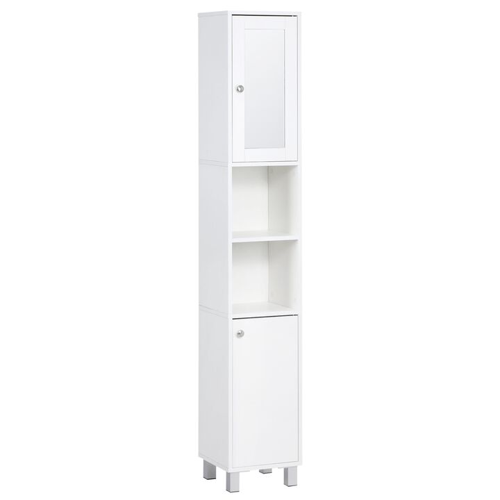 White Bathroom Tower: 71" Freestanding Cabinet with Mirror and Shelves
