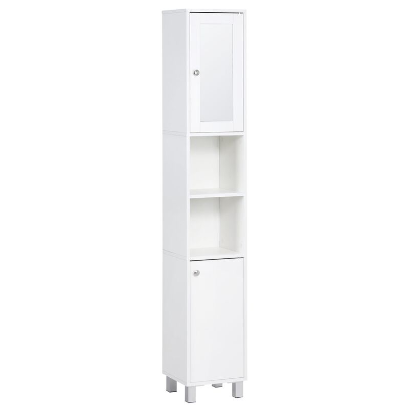 White Bathroom Tower: 71" Freestanding Cabinet with Mirror and Shelves