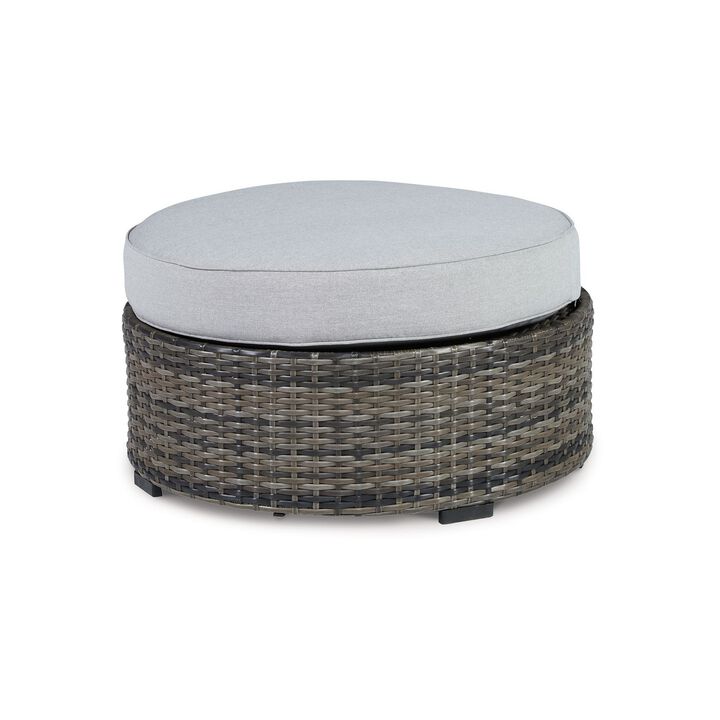 Saki 32 Inch Outdoor Ottoman, Round Cushion, Wicker, Light Gray Fabric - Benzara