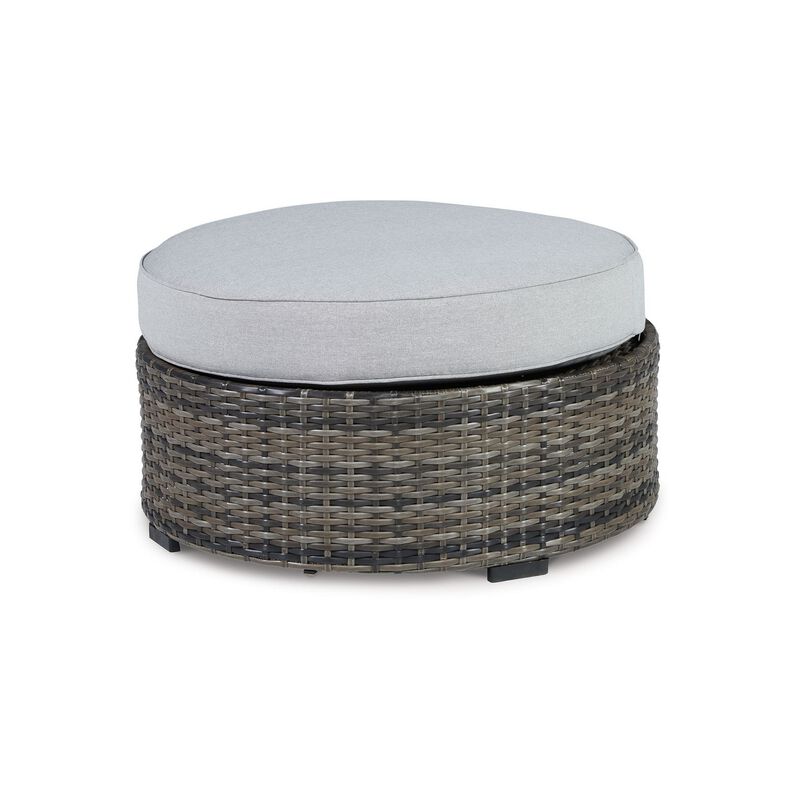 Saki 32 Inch Outdoor Ottoman, Round Cushion, Wicker, Light Gray Fabric - Benzara