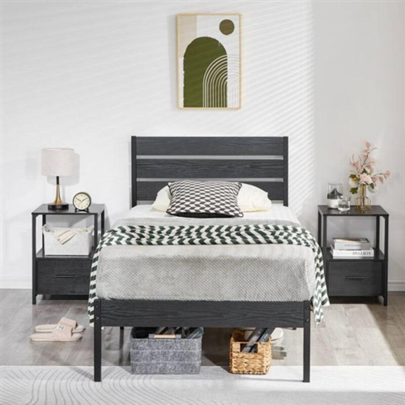 Hivvago Twin size Industrial Platform Bed Frame with Wood Slatted Headboard in Black