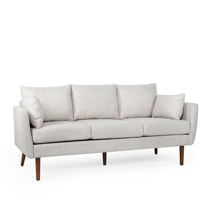 Nate Sofa with 2 Accent Pillows, 77 Inch Birch Wood, Beige Fabric - Benzara