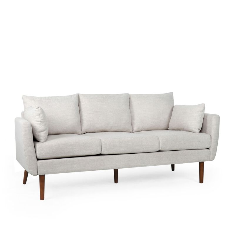 Nate Sofa with 2 Accent Pillows, 77 Inch Birch Wood, Beige Fabric - Benzara