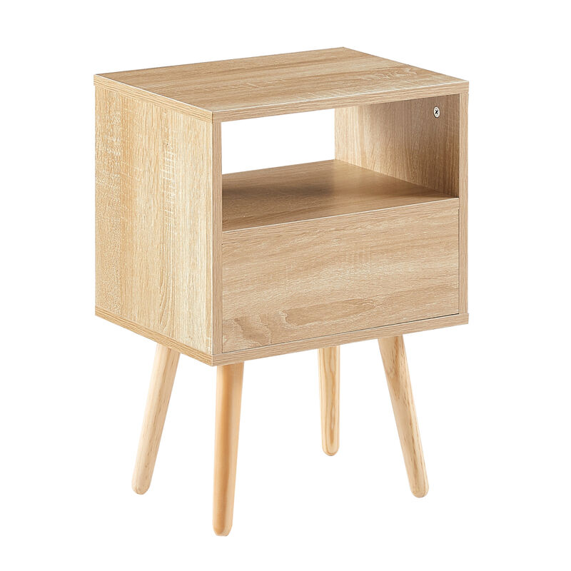 Rattan End table with drawer and solid wood legs, Modern nightstand, side table for living roon, bedroom,natural