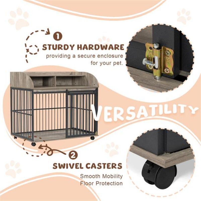 Large Dog Crate Furniture with Lockable Wheels, Wooden Dog Kennel, and Double Storage Layers