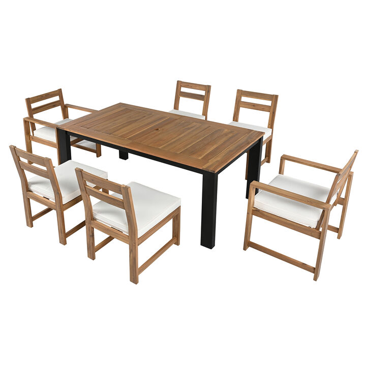 Whisen 7 Piece Patio Table and Chairs Set, Wood Dining Set with Umbrella Hole, 2 Armchairs & 4 Side Chairs