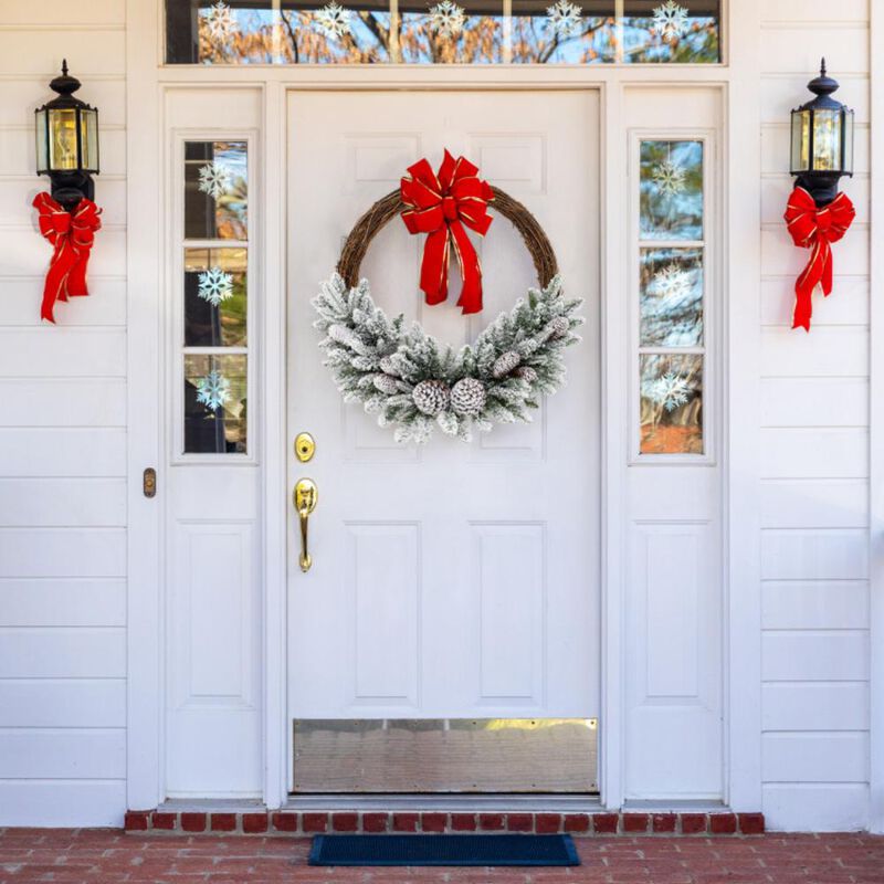 Hivvago Pre-lit Snow Flocked Artificial Christmas Wreath with 8 Pine Cones and 35 LED Lights