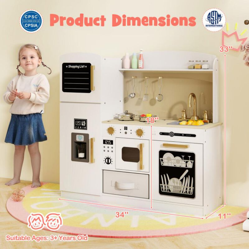 Kids Kitchen Playset with Chalkboard, Ice Maker, Sink, and Lighted Microwave for Pretend Play