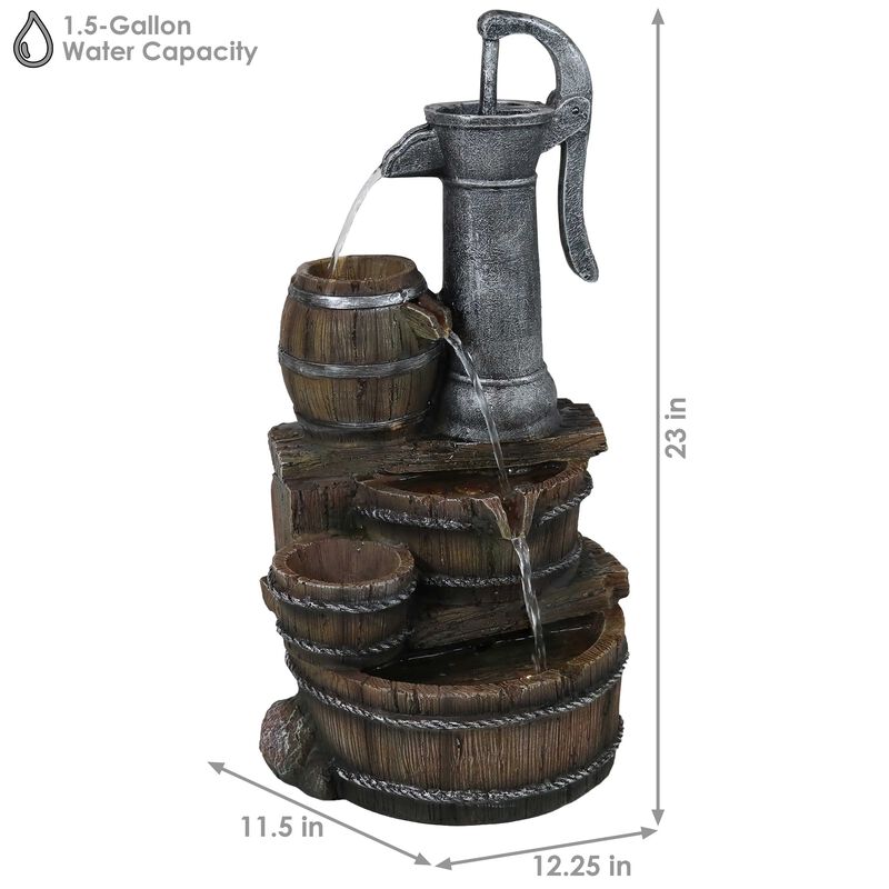 Sunnydaze Cozy Farmhouse Pump/Barrel Water Fountain with LED Lights - 23 in